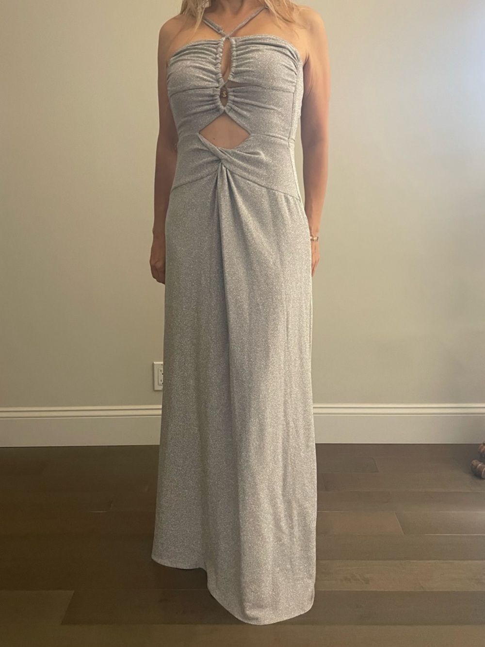 PatBO Silver Strapless Cutout Evening Gown